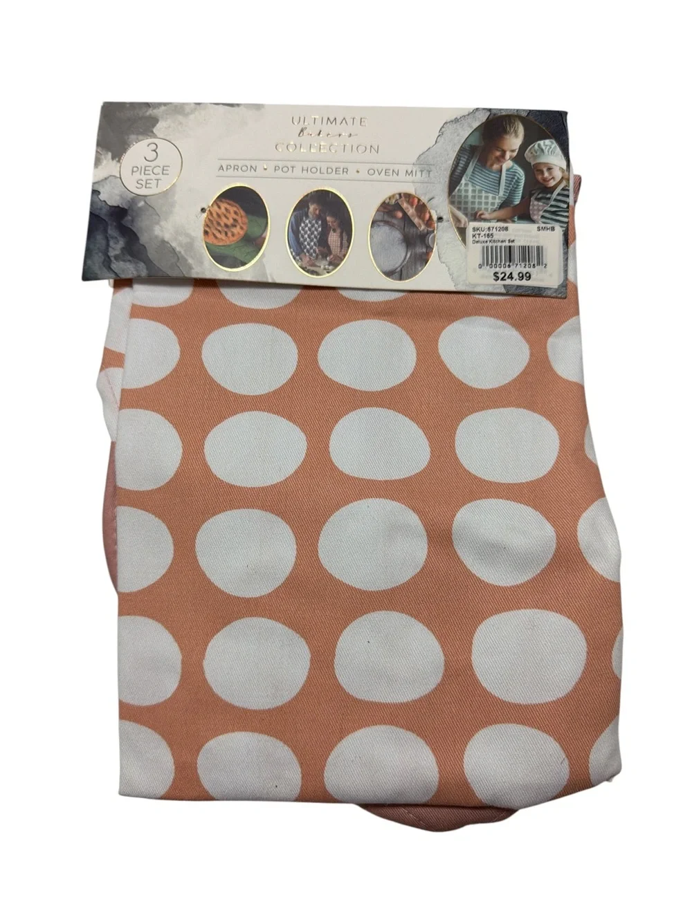 NEW Eco One Kitchen 3-Pc Bakers Set Apron Pot Holder Oven Mitt Peach Polka Dot